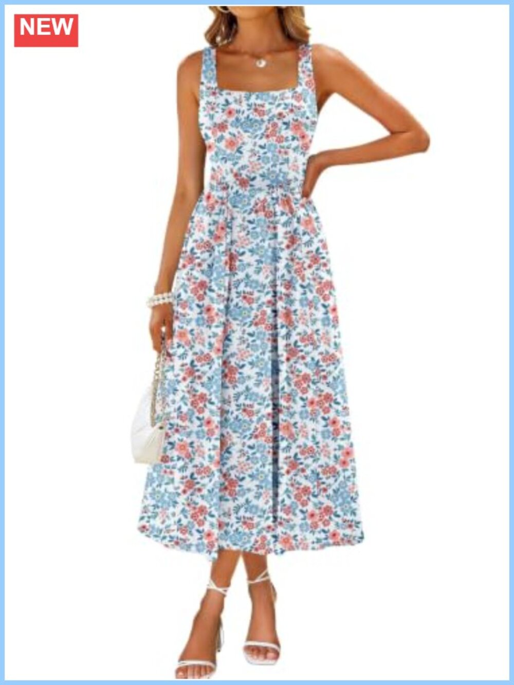 Women's Midi Dress Square Neck Sleeveless A-Line Sundress with Pockets